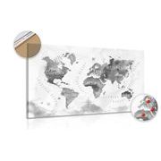 Picture on a cork black & white watercolor world map
