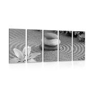 5 part picture Zen garden and stones in the sand in black & white