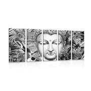 5-teiliges Wandbild Buddha auf exotischem Hintergrund in Schwarz-Weiß