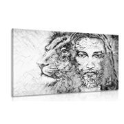 CANVAS PRINT ALMIGHTY WITH A LION IN BLACK AND WHITE - BLACK AND WHITE PICTURES - PICTURES