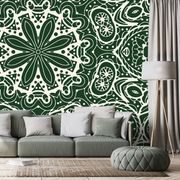 PAPIER PEINT MANDALA BLANC SUR FOND VERT - FOND D'ÉCRAN FENG SHUI - PAPIER PEINT