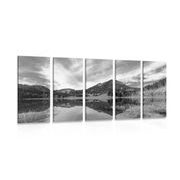 5 part picture lake under the hills in black & white