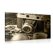 CANVAS PRINT OLD CAMERA IN SEPIA DESIGN - BLACK AND WHITE PICTURES - PICTURES