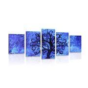 Quadro in 5 parti albero della vita su sfondo blu