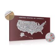 Picture on cork educational map of USA with burgundy background