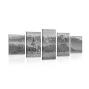 TABLEAU EN 5 PARTIES – ÉGLISE AU BORD DU LAC BLED EN SLOVÉNIE EN NOIR ET BLANC - TABLEAUX - 🔥 VENTE TOTALE 🔥