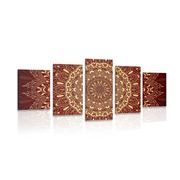 5 part picture gold Mandala on a burgundy background