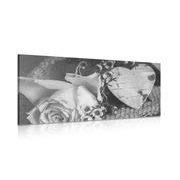 WANDBILD ROSE UND HERZ IM VINTAGE-DESIGN IN SCHWARZ-WEISS - SCHWARZ-WEISSE BILDER - BILDER