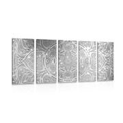 5-PIECE CANVAS PRINT INDIAN MANDALA WITH A GALACTIC BACKGROUND IN BLACK AND WHITE - BLACK AND WHITE PICTURES - PICTURES