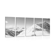 5 part picture snow capped mountains in black & white