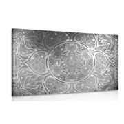 CANVAS PRINT INDIAN MANDALA WITH A GALACTIC BACKGROUND IN BLACK AND WHITE - BLACK AND WHITE PICTURES - PICTURES