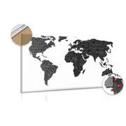 Decorative pinboard black and white world map