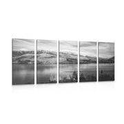 5 part picture of the setting sun over the lake in black & white