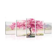 5-PIECE CANVAS PRINT ORIENTAL CHERRY IN PINK DESIGN - PICTURES OF NATURE AND LANDSCAPE - PICTURES