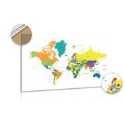 Picture on a cork colored world map on a white background