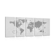 Quadro in 5 parti mappa del mondo con bussola in stile retro in bianco e nero