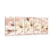 5-PIECE CANVAS PRINT LUXURIOUS MAGNOLIA WITH PEARLS - PICTURES FLOWERS - PICTURES