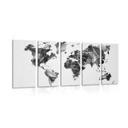 Quadro in 5 parti mappa del mondo in vettori grafici in bianco e nero