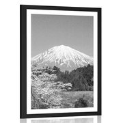 Plakat s paspartuom planina Fuji u crno-bijelom dizajnu