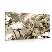 CANVAS PRINT PAINTED FLOWERS IN SEPIA - BLACK AND WHITE PICTURES - PICTURES