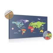 Picture on cork world map with landmarks