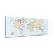 CANVAS PRINT BEIGE WORLD MAP ON A BLUE BACKGROUND - PICTURES OF MAPS - PICTURES