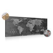 Tablou pe plută harta lumii rustică în design alb-negru