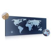 Picture on cork world map in shades of blue