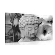 Picture of Buddha statue in Zen garden in black & white