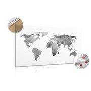 Picture on cork polygonal world map in black & white design