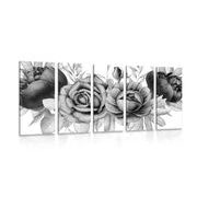 5-dílný obraz okouzlující kombinace květů a listů v černobílém provedení