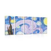 Tablou 5-piese reproducere colorată Noapte înstelată - Vincent van Gogh