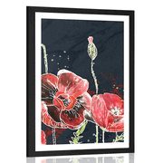 AFFICHE AVEC MONTURE COQUELICOTS ROUGES SUR FOND NOIR - FLEURS - AFFICHES