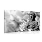 WANDBILD FRIEDLICHER BUDDHA IN SCHWARZ-WEISS - SCHWARZ-WEISSE BILDER - BILDER