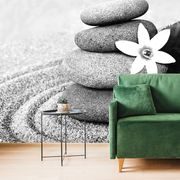 WALL MURAL BLACK AND WHITE STONES IN SAND - BLACK AND WHITE WALLPAPERS - WALLPAPERS