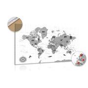 DECORATIVE PINBOARD MAP WITH ANIMALS IN BLACK AND WHITE - PICTURES ON CORK - PICTURES