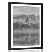 POSTER WITH MOUNT CHURCH BY LAKE BLED IN SLOVENIA IN BLACK AND WHITE - NATURE - POSTERS