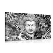 CANVAS PRINT BUDDHA ON AN EXOTIC BACKGROUND IN BLACK AND WHITE - BLACK AND WHITE PICTURES - PICTURES