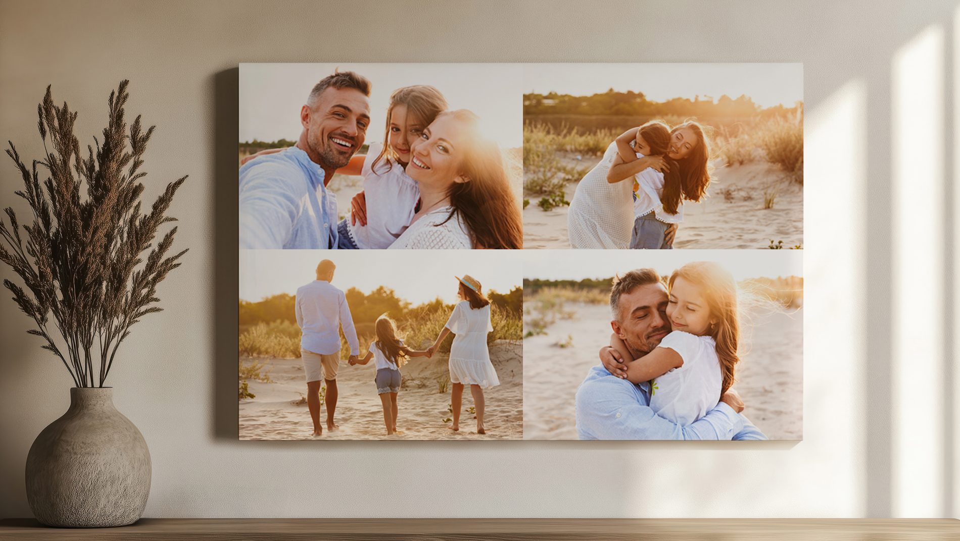 Rodinná koláž z vlastní fotografie na plátně – ukázka zavěšení v interiéru