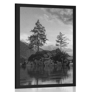 Poster peisaj montan lângă lac în alb-negru