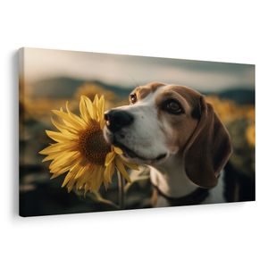 TABLEAU SUR TOILE – CHIEN ET TOURNESOLS DANS LE CHAMP - TABLEAUX CHIENS - TABLEAUX