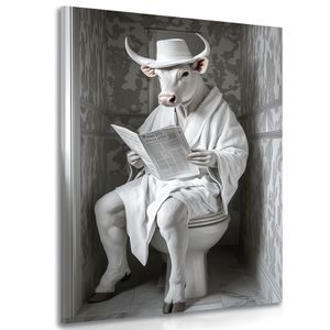 TABLOU TAUR ALB CU ZIAR PE TOALETĂ - TABLOURI BIVOLI ȘI VACI - TABLOURI