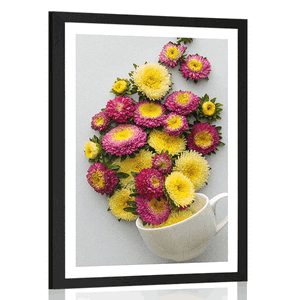 POSTER MIT PASSEPARTOUT TASSE VOLL VON BLUMEN - VASEN - POSTER