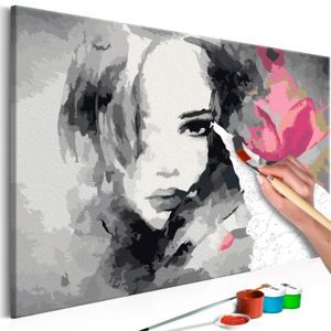 Picture painting by numbers woman with flower in black & white