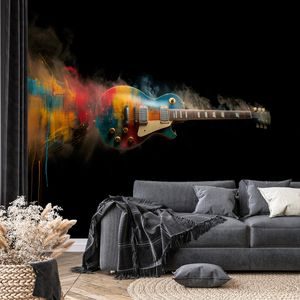 SAMOLEPÍCÍ FOTOTAPETA BAREVNÁ ELEKTRICKÁ KYTARA NA ČERNÉM POZADÍ - HUDEBNÍ TAPETY - WALLPAPERS