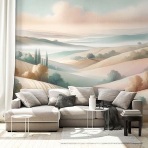 FOTOTAPETA PASTELOVÁ KRAJINA S JEMNÝMI KOPEČKY - TAPETY POLE A LOUKY - TAPETY