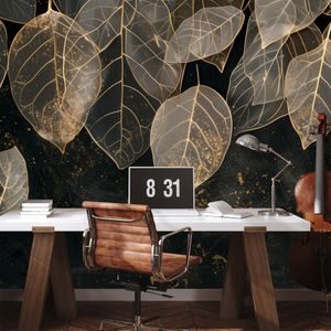 SAMOLEPÍCÍ TAPETA ZLATÉ LISTY NA TMAVÉM POZADÍ - WALLPAPERS LEAVES - WALLPAPERS