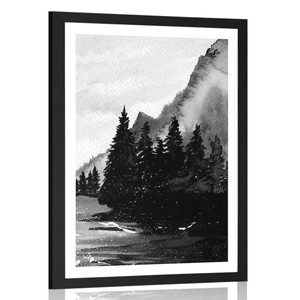 POSTER MIT PASSEPARTOUT GEMALTE WINTERLANDSCHAFT IN SCHWARZ-WEISS - SCHWARZ-WEISS - POSTER