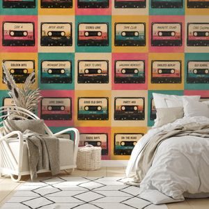 SAMOLEPÍCÍ TAPETA RETRO KAZETY VE VINTAGE STYLU - HUDEBNÍ TAPETY - WALLPAPERS