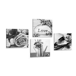 BILDERSET SCHWARZ-WEISSES VINTAGE-STILLLEBEN MIT AUFSCHRIFT LOVE - BILDERSETS - BILDER